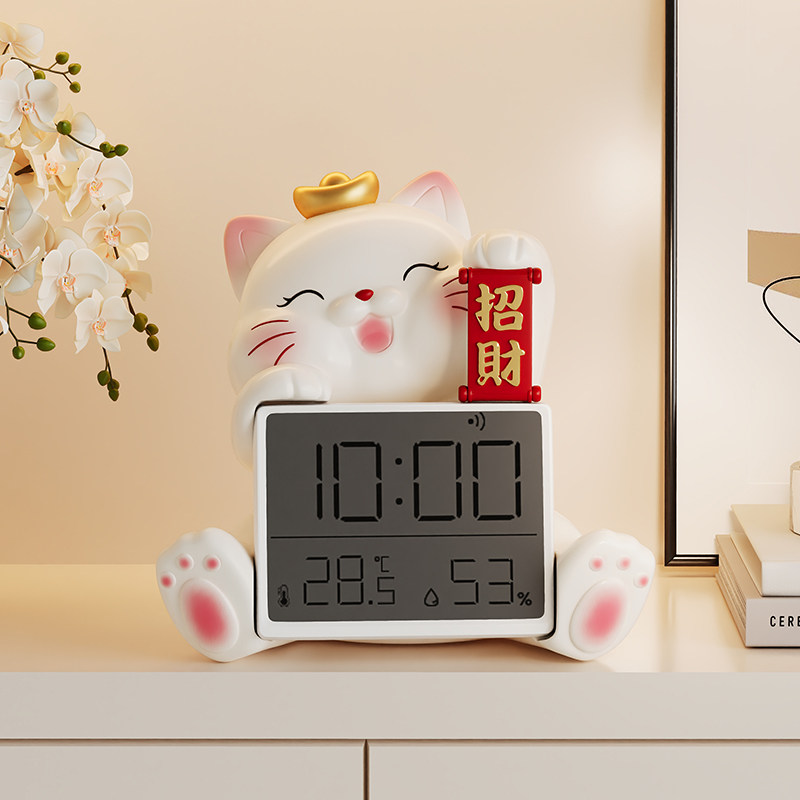 可爱招财猫摆件桌面时钟摆台式室内温湿度计家用玄关装饰乔迁礼物
