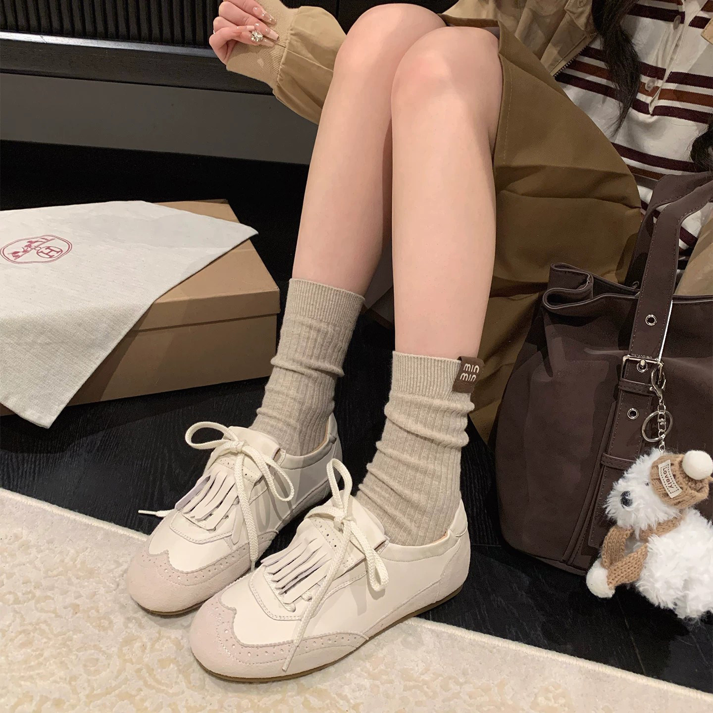 奶盖云朵~复古流苏德训鞋女百搭休闲运动系带低帮荷叶边浅口单鞋