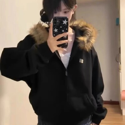 美式复古高街毛领连帽卫