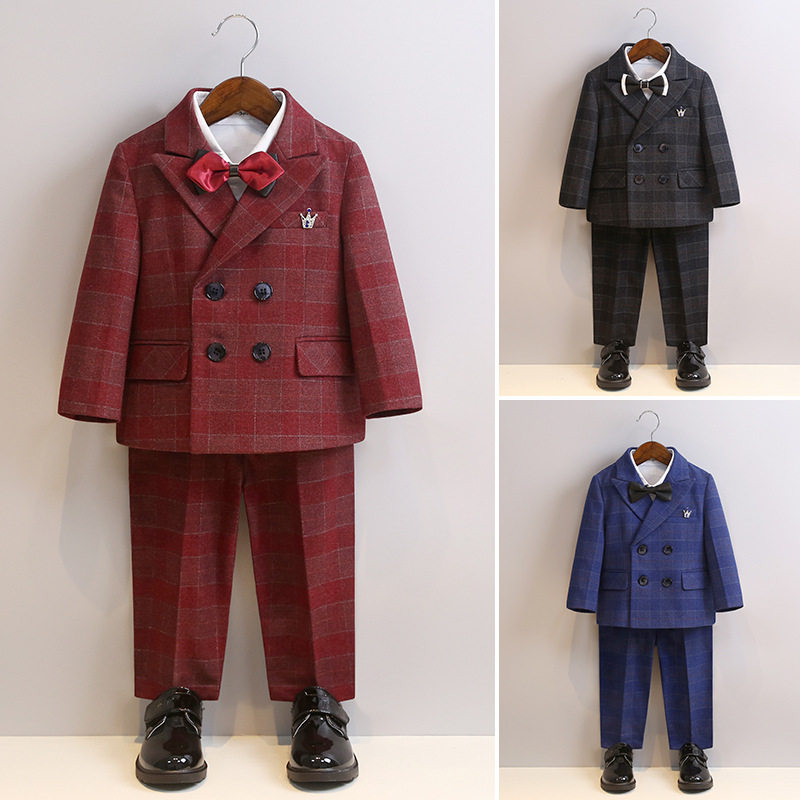 男童西装秋冬款英伦格子西服套装小童周岁花童礼服活动主持演出服