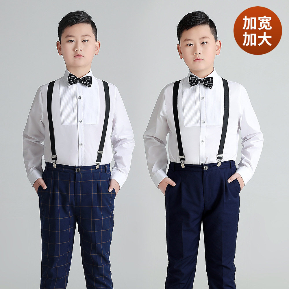 胖版男童礼服帅气套装春夏款中大童加肥加大衬衫背带裤儿童演出服