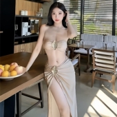 新款 风比基尼 性感纯欲三件套泳衣长裙高开叉温泉海岛度假火辣美式