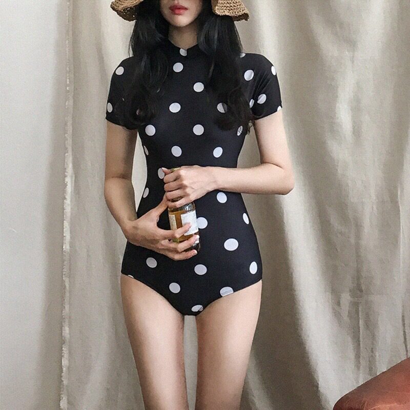 欧韩性感连体三角黑白波点短袖游泳衣女修身高领拉链温泉度假泳装