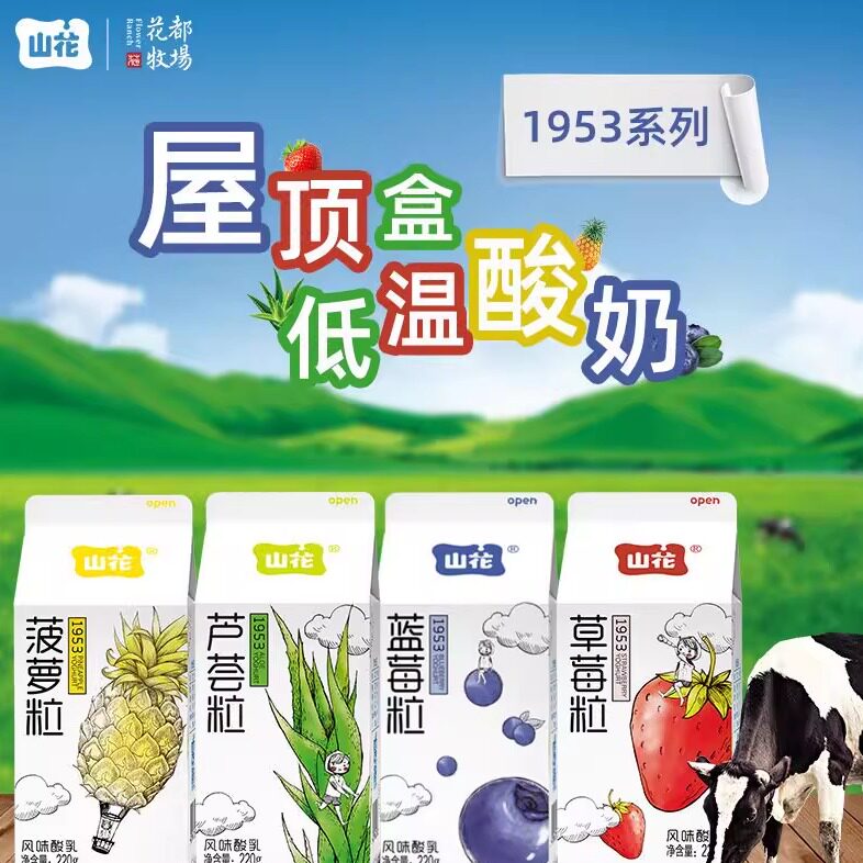 贵州贵阳山花牛奶屋顶盒装1953系列低温酸奶风味酸乳220g*6盒