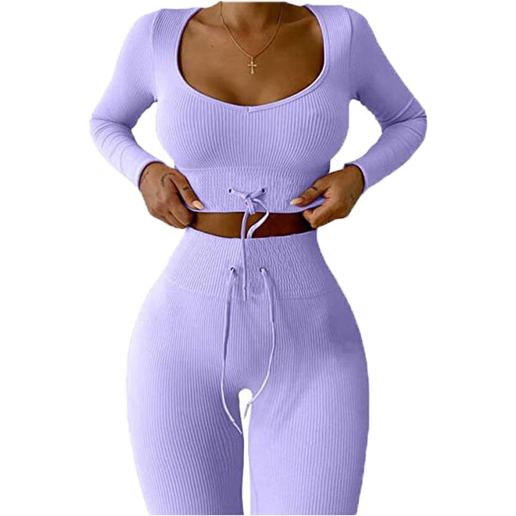 女针织长袖长裤运动瑜伽服套装long sleeve casual two-piece set