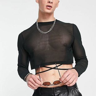 2023夏季新款微透性感内搭上衣男士潮流短款长袖T恤Men's T-S