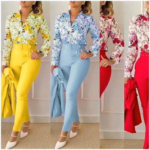 Baroque Print Long Sleeve Top and Pants Set 欧美休闲套装女