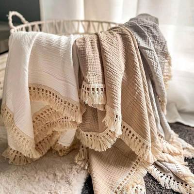 Cotton Muslin Swaddle Blankets for Newborn Baby Tassel Recei