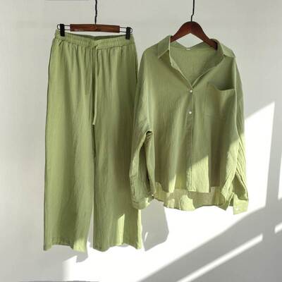 Ladies 2 Piece Set 2023Cotton Linen Shirt Suit Loose Pants