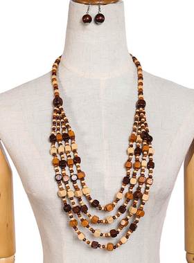 复古民族风手工木珠项链原木本色项链演出服饰配饰毛衣链套装长款