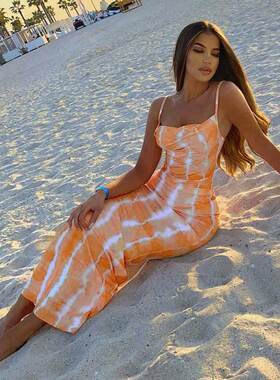 Fashion print slim strapless dress时尚修身显瘦露背吊带中长裙