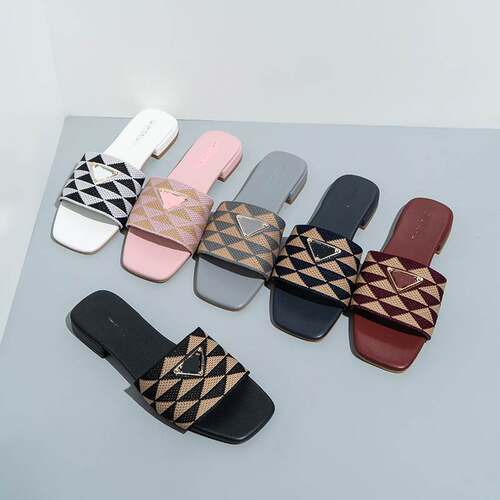 2023欧美刺绣休闲低跟格子拖鞋女Summer Sandals Women Slippers