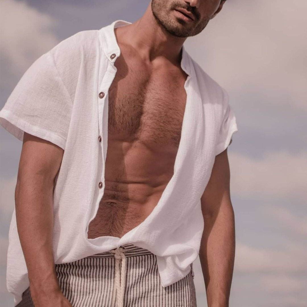 2023夏季新款欧美简约立领短袖衬衣男士大码宽松衬衫潮Men Shirts