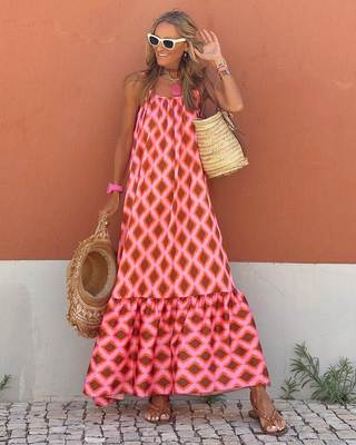 s Summer Maxi Dress Vintage Rhombus Lattice Boho Party Dress