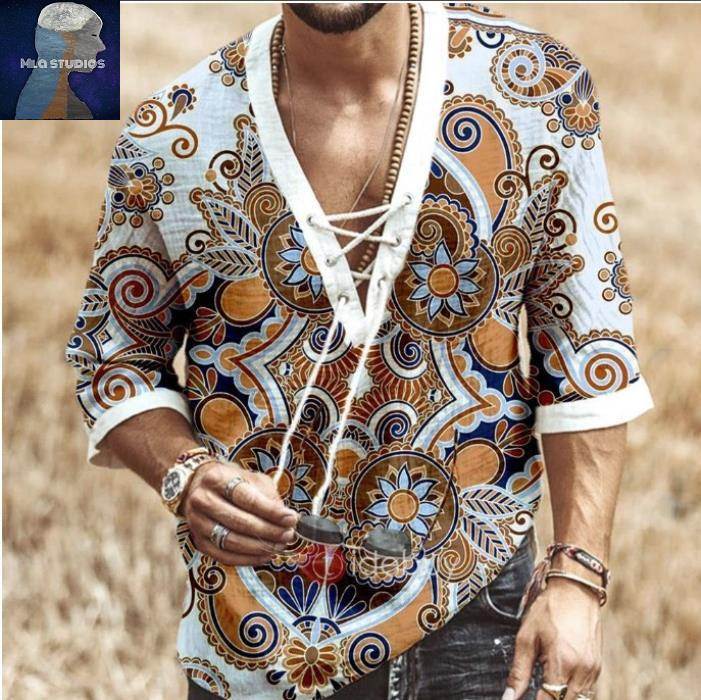 Men T-shirt欧美风短袖上衣2023夏季男薄款抽绳衬衫七分袖V领T恤