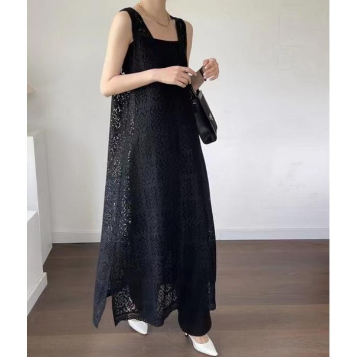 日韩跨境2024韩版夏季新款刺绣镂空长款无袖连衣裙 Long dress