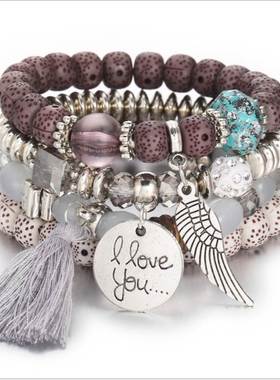 火山石菩提手链多层波西米亚流苏手环 tassel women bracelet