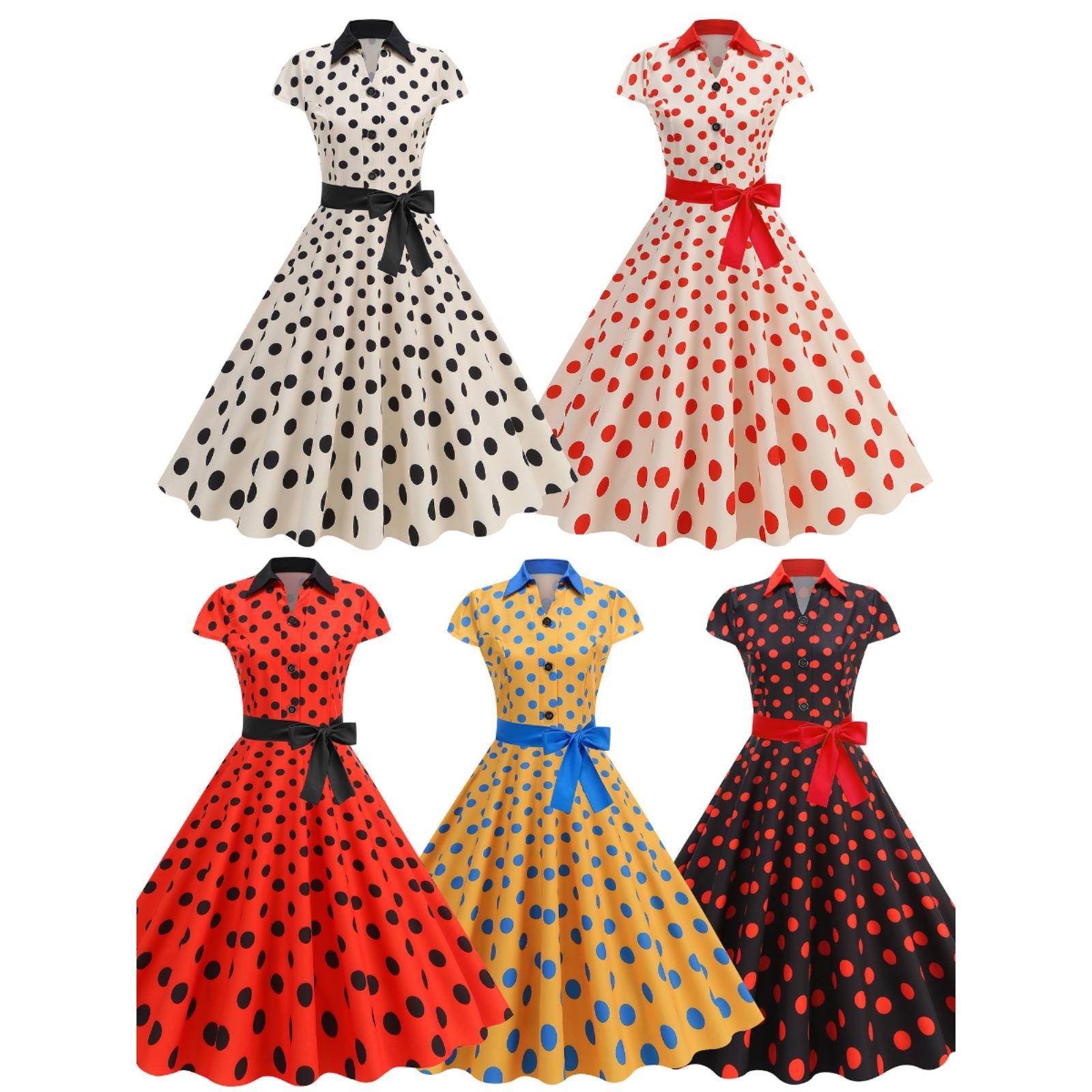 欧美赫本气质80年代感港风复古波点派对舞蹈表演服收腰大摆连衣裙