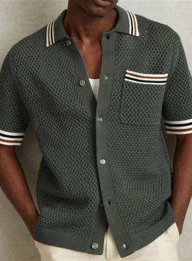 2025欧美男士夏季新款镂空翻领针织开衫休闲POLO衫Men's T-Sh