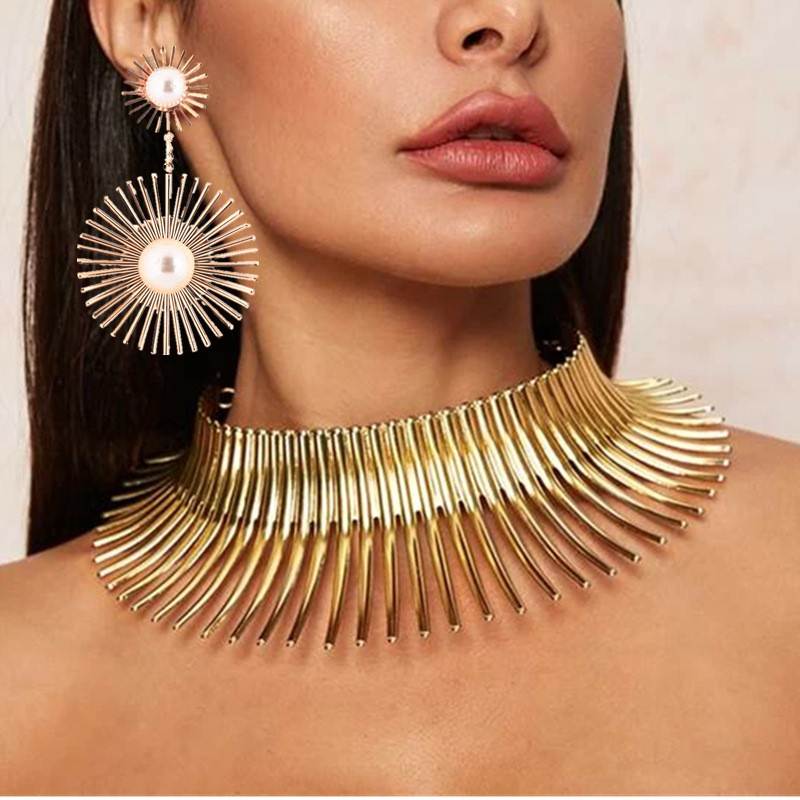 欧美夸张项圈耳环套装金属朋克项链演出COS酒吧DIO饰品Necklace