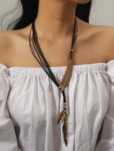 多层皮绳流苏叶子女项链毛衣链 leaves necklace women jewelry