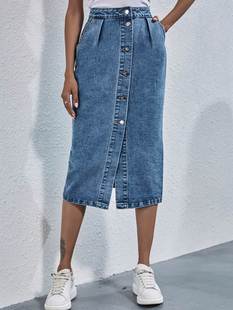 Denim Skirt Women Streetwear Casual Pocket High Waist Straig
