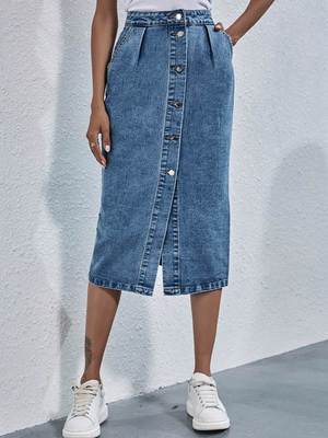 Denim Skirt Women Streetwear Casual Pocket High Waist Straig