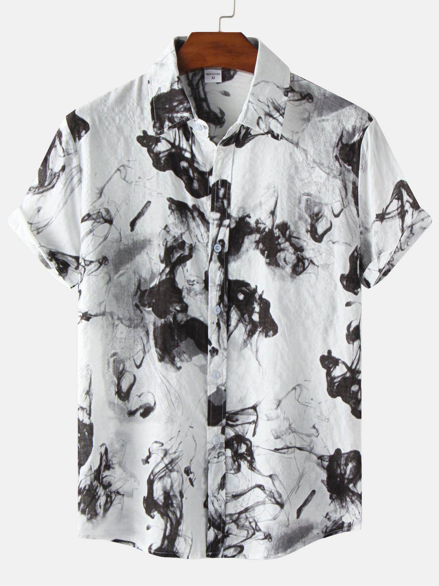 2023夏季大码男式宽松薄款民族风碎花休闲短袖衬衫潮Men's Shirts