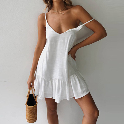 Off Shoulder Women Ruffle Sexy Party Sundress Cotton Linen V