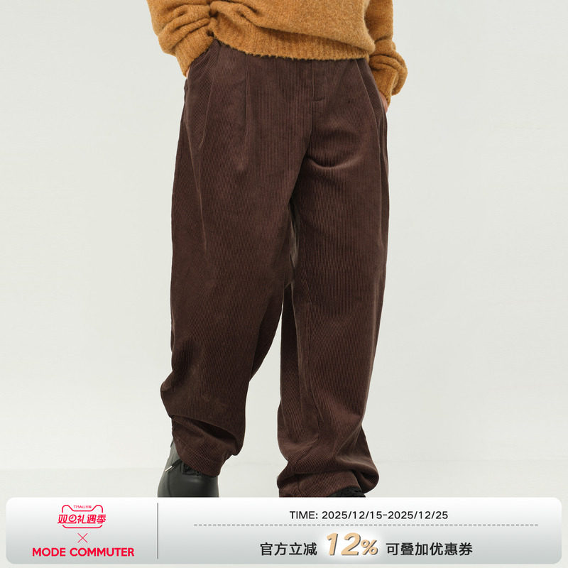 MODE COMMUTER| MC100%棉坑条灯芯绒半橡筋腰直插袋阔腿梭织长裤