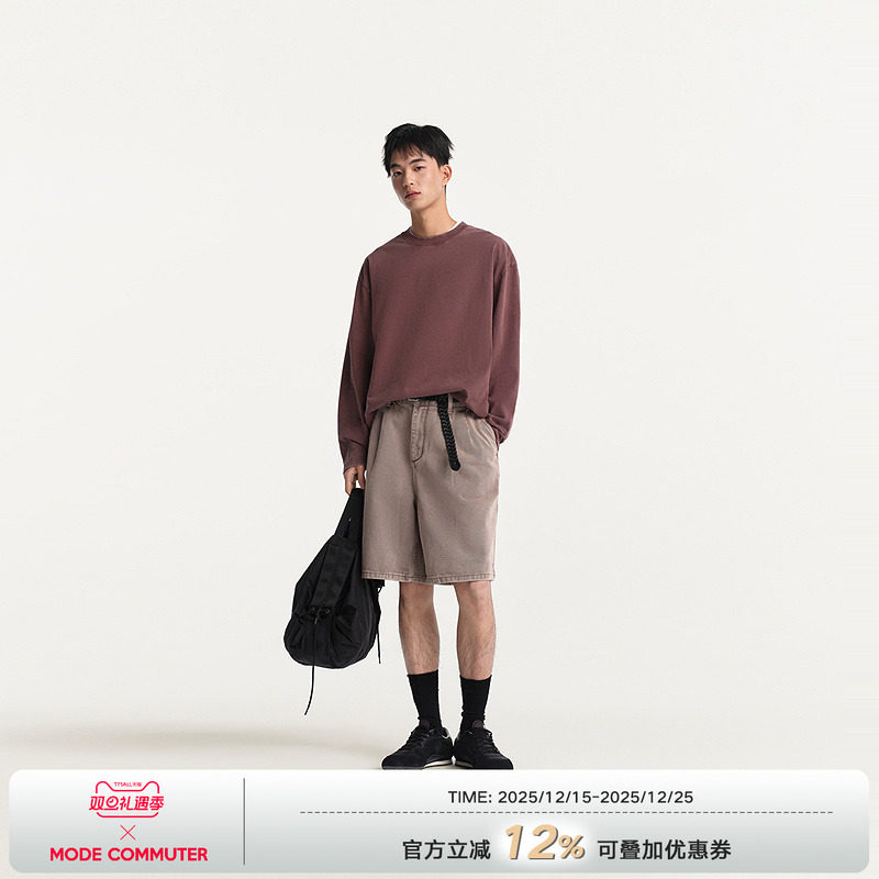 MODE COMMUTER| MC全棉复古做旧平纹针织休闲微阔圆领长袖T恤