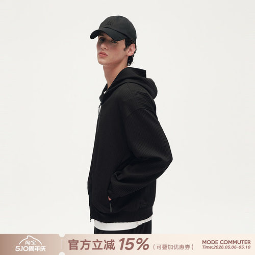 MODE COMMUTER| MC压皱针织抗拉伸抗皱压皱连帽开襟卫衣