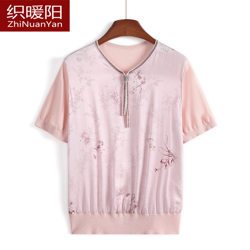 中老年女装夏季短袖薄上衣桑蚕丝T恤衫洋气妈妈夏装真丝针织小衫图片
