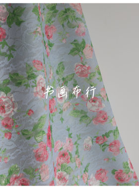 超美天蓝色底粉色蔷薇花蕾丝花边时装布料连衣裙旗袍礼服婚纱面料
