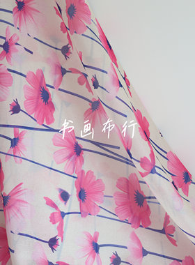 日式和风淡雅清新花纹睡莲花纹玫红欧根纱布料汉服衬衫连衣裙童装
