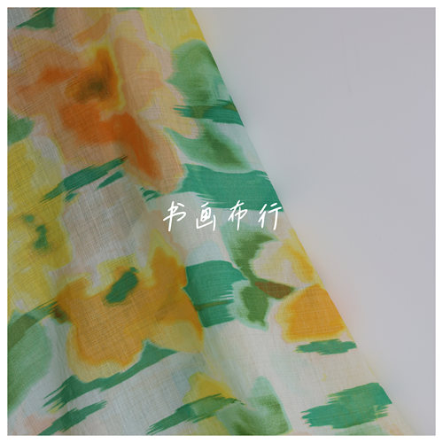 莫奈印象派油画风橘黄色花朵朦胧印花天丝麻丝棉面料衬衫汉服布料