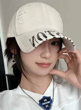 美式破洞字母宽帽檐棒球帽女时尚气质百搭高级感鸭舌帽户外遮阳帽