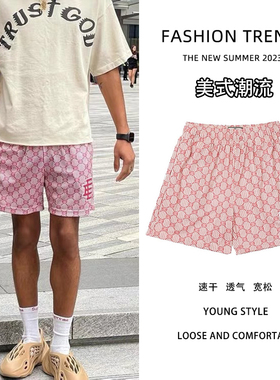 EE粉红色格子短裤男美式四分潮牌不过膝复古运动休闲裤街头篮球夏