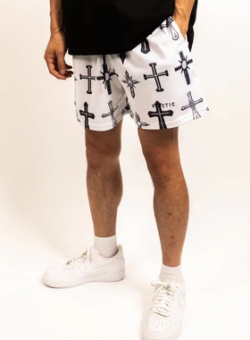 KINETI十字架印花短裤男夏美式篮球裤四分不过膝街头运动速干透气