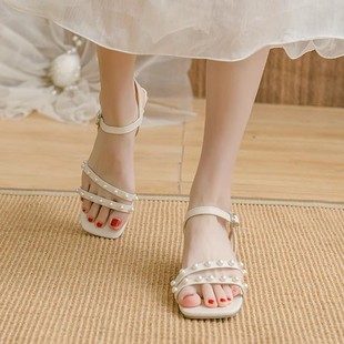 女2024春夏新款 法式 凉鞋 仙女风百搭中跟气质一字带罗马高跟鞋 时装