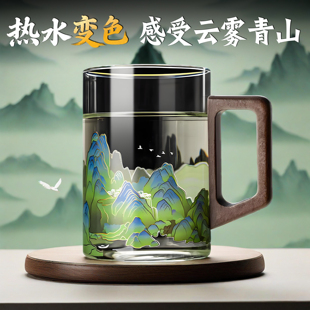 千里江山变色杯玻璃杯带把手透明高颜值水杯子家用客厅办公室茶杯
