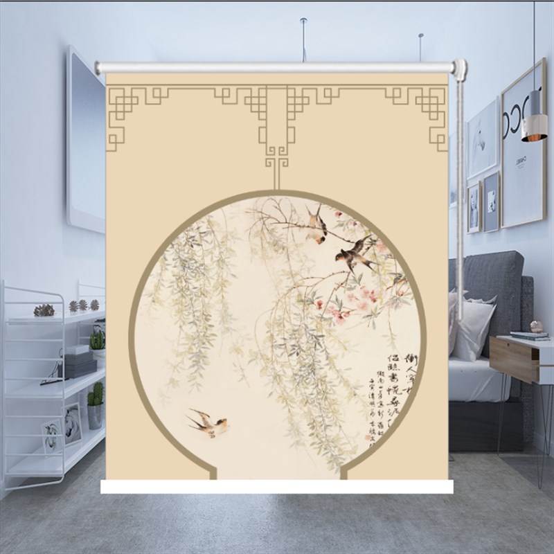 定现代中式水墨山水画复古客厅书房免打孔拉珠升降免打孔卷帘窗帘