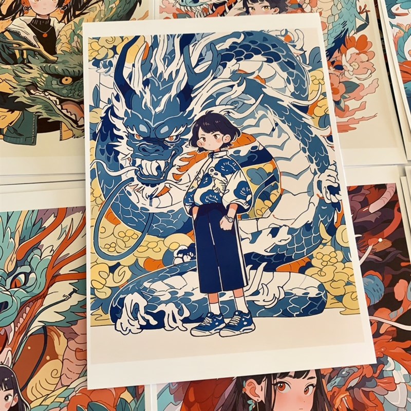 龙族少年临摹卡儿童创意美术明信片马克笔卡通动漫人物幻想龙插画