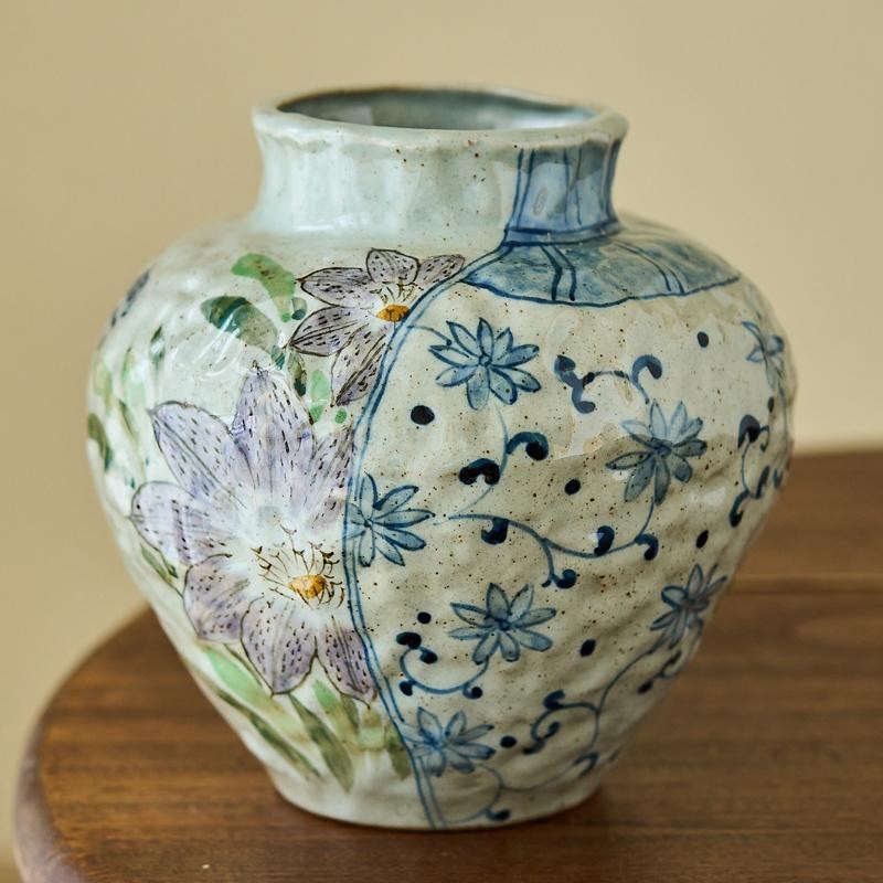 山谷 青花陶瓷花瓶手绘缠枝莲水培客厅餐桌电视柜插花器中式复古