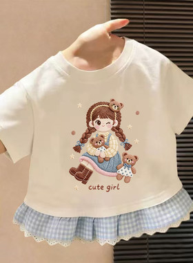 女童新款韩版拼接格子花边短袖纯棉2026夏季宝宝洋气印花上衣服潮