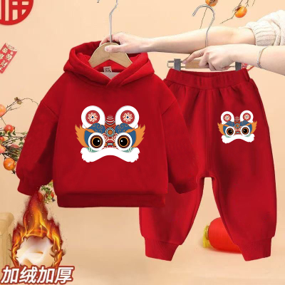 马年喜庆2026新年男女童红色加绒加厚连帽卫衣卫裤套装儿童两件套