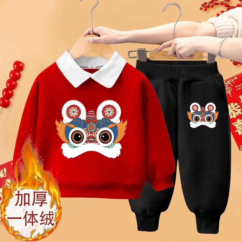 2026冬季儿童马年红色加绒拜年服Polo卫衣套装男童女童过年两件套