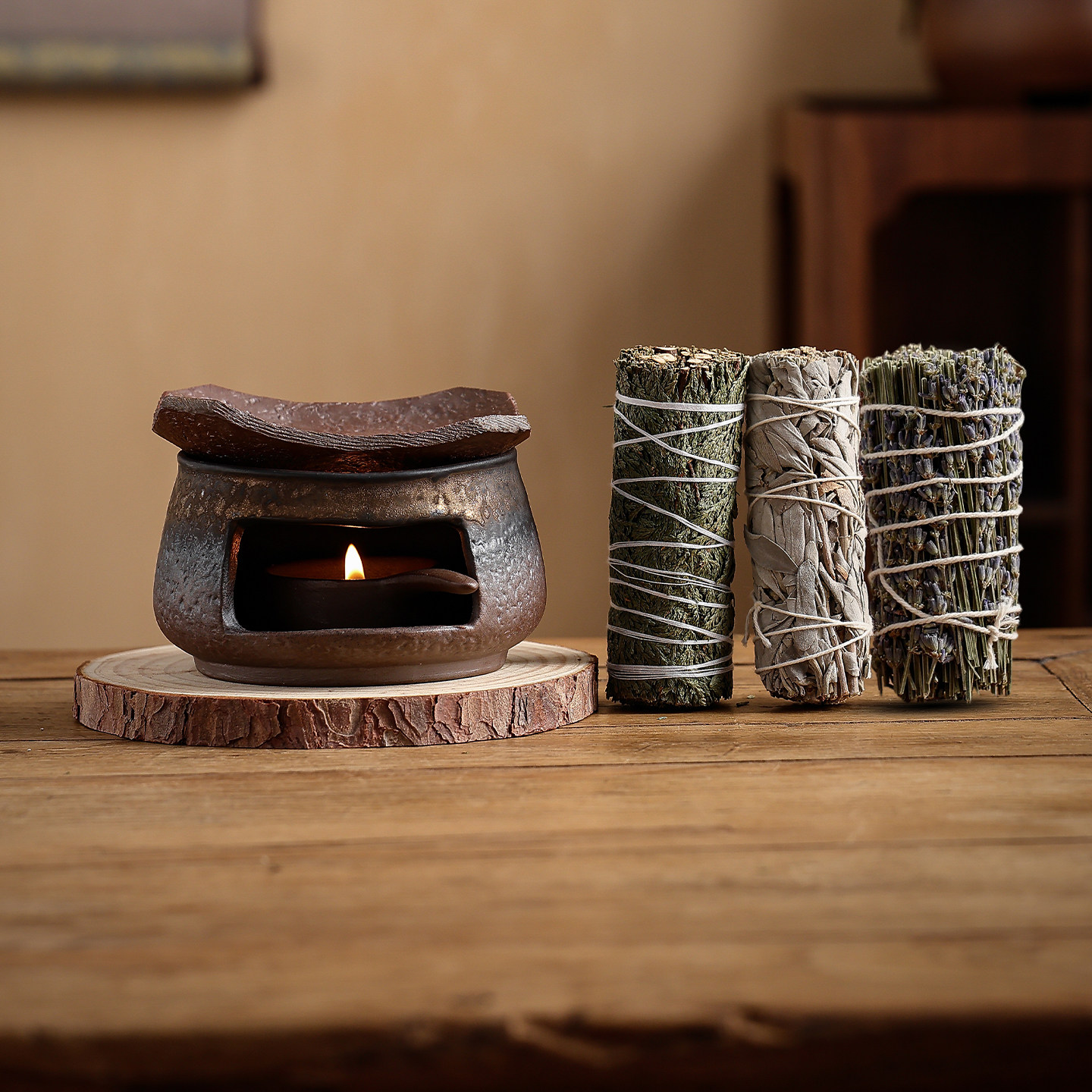 粗陶熏香炉中式复古风陶瓷香薰炉蜡烛加热圆形香薰香料室内香氛炉,家居饰品,香薰炉,淘宝优惠券,粉丝福利购,淘宝优惠卷