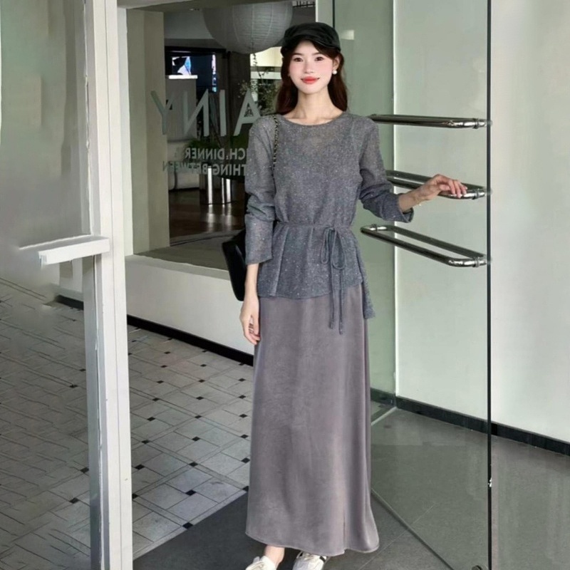 垂感网纱长袖打底衫吊带连衣裙女春秋季2025年新款百搭两件套裙子