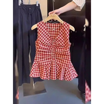 无袖格子吊带背心高级2025夏季新款红色法式V领褶皱修身上衣女装